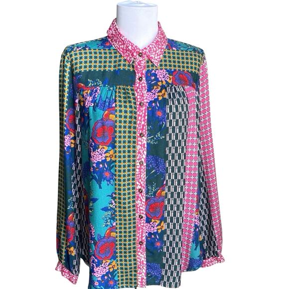 MAEVE ANTHROPOLOGIE Paz Mixed Print Button Up Shirt Blouse SZ S Patchwork Artsy - Picture 1 of 12